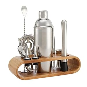 Amazon Basics 10-Piece Stainless Steel Bar Tools Set with Bamboo Stand Holder