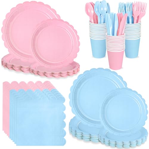 168 PCS Light Pink and Blue Scalloped Plates and Napkins, Pink Disposable Plates Set with Napkins Cups Plastic Spoons Forks Knivesfor Baby Shower Gender Reveal Birthday Party Supplies Serve 24 Guests