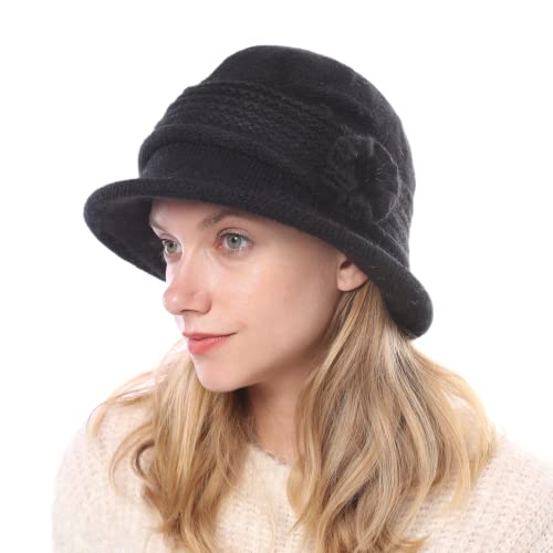 Women Winter Warm Knitted Cloche Hat Vintage Church Bucket Hat with Flower Accent