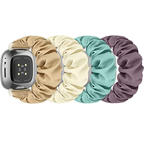 ShuYo Scrunchie Bands Compatible with Fitbit Sense/Sense 2 / Versa 3 / Versa 4 for Women,4 Pack Elastic Nylon Scrunchy Replacement Strap Soft Stretchy Wristband for Fitbit Versa 3 Smart Watch