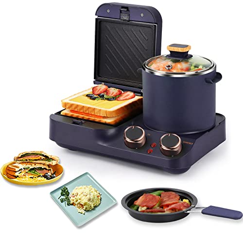 Breakfast Station, Retro 3 in 1 Breakfast Station, Household Breakfast Maker, Electric Toaster Bread Breakfast Sandwich Maker, Breakfast Machine with Frying Pan, Boiling Pot, Food Steamer