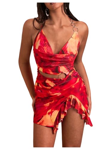 MakeMeChic Women's Tie Dye Ring Linked Draped Cut Out Halter Sleeveless Ruffle Mini Dress