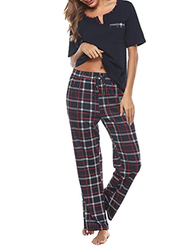 Bresdk Schlafanzug Damen Lang Pyjama Set Kurzarm Oberteil mit Lange Schlafanzughose Blau S