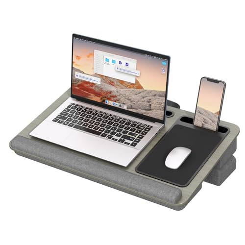PUTORSEN Laptopkissen für Bett - Höhenverstellbar Laptop Kissen mit Mausunterlage und Handgelenkauflage Passen bis zu 17,3 Zoll Notebook, Lapdesk mit Tablet und Telefon Rille,Grau
