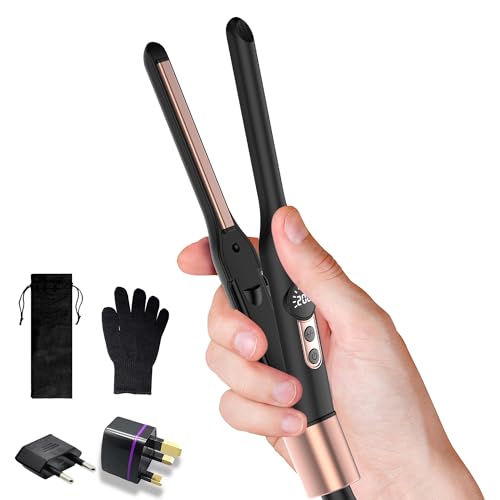 Mini Flat Iron Hair Straightener 1/3 Inch Pencil Flat Iron for Women Portable Travel Straightener and Curler 2 in 1 for Short Hair Beard and Pixie Cut with Adjustable Temp (Gold with EU/UK Plug)