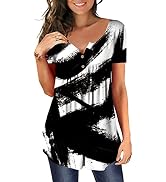 MAYAMANG Women's Floral Tunic Top - V-Neck Short Sleeve Button-Up Blouse, Loose Fit Casual Shirt, Size S Black+White - View #12
