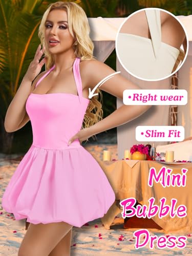 Image of ChiaoLezhee Halter Mini Bubble Dress, Date Night Birthday Homecoming, Coquette Short Corset for Women, Sexy Cute Going Out