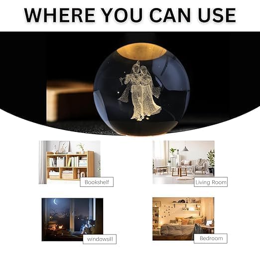 Image of ANTORCHE Radha Krishna 3D Crystal Ball Warm LED Night Lamp with Wooden Base | Spiritual Home Decor Light | Ideal Gift for Pooja Room, Bedroom & Festivals