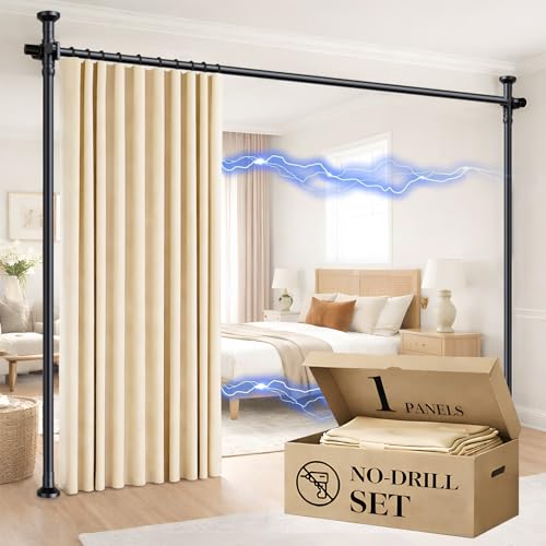 Image of Room Divider Curtain Set-No Drilling Curtain Rod Set, Retractable Room Divider, Adjustable for Office Bedroom, Easy Install Beige-100 W x 84 inch L(Pack of 1)