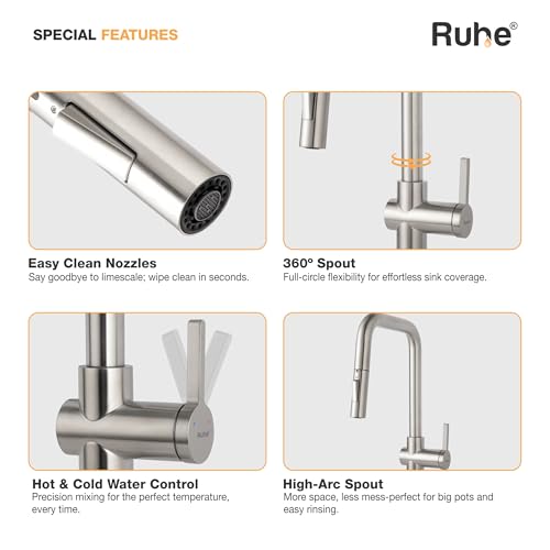 Image of Ruhe Opulo Dual Flow Pull-out Kitchen Mixer Faucet - Brushed Nickel | 360 Swivel | Hot & Cold Water Faucet | Single Lever Tap | Table Mounted Kitchen Sink Tap