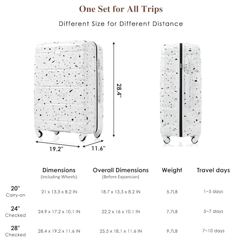 Luggage Sets-3 Piece Set, 28-Inch Large Luggage with USB Port Spinner Wheels - Hardshell Carry-On Suitcase - TSA, ABS+PC Hard Shell Luggage for Back to School, Travel (White)2