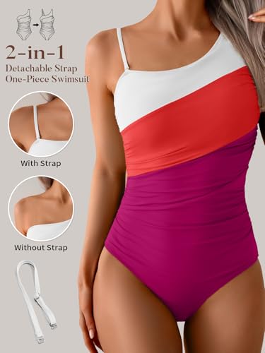 Image of Aidonger One Shoulder One Piece Swimsuit for Women Tummy Control Bathing Suits Color Block Ruched Swim Suit Slimming Swimwear