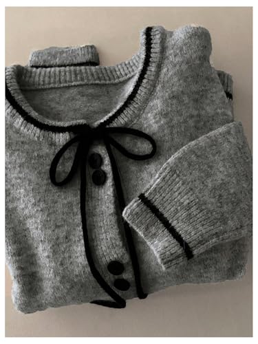 GORGLITTER Women's Bow Button Up Fall Short Cardigan Sweater Dressy Trendy Cute Long Sleeve Cable Knit Light Sweater Top4