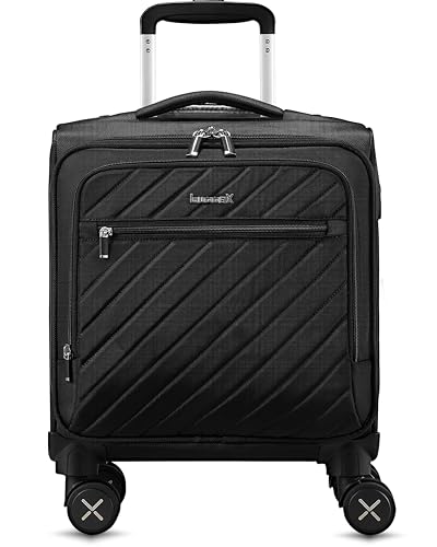 LUGGEX Carry On Luggage with Spinner Wheels - Stylish Lightweight UnderSeat Luggage - Soft Sided Small Suitcase with Front Open Design for Travel, Business (Black, 15 Inch)