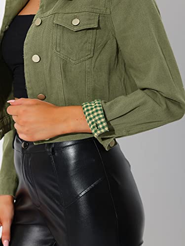 Allegra K Women's Button Down Denim Jacket Check Cuffs Casual Cropped Jean Jackets4