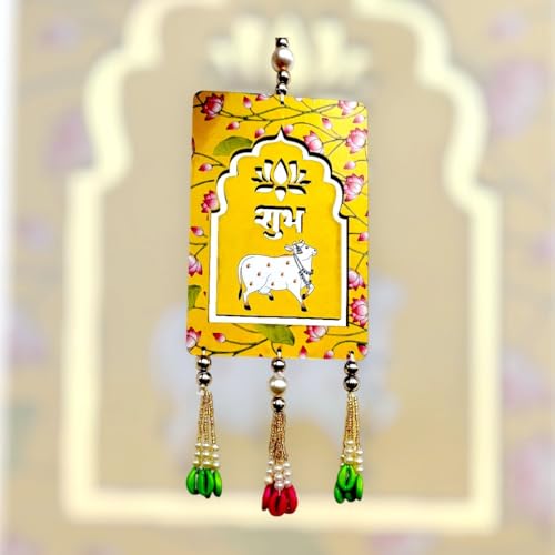 Image of Handcrafted Decorative Wall Decor for Ganpati Diwali Navratri and Pooja Setup Ethentic Hanging for Home Decor Festival Decoration for Home Entrance and Mandir Temple Decor (SUBH LABH Cow)