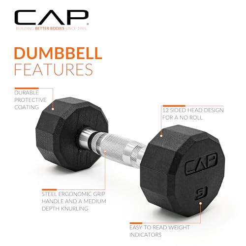 Image of CAP Rubber Coated Dumbbell Weights, Free Weights for Home Gym Strength Training, Anti-Roll Hex Dumbbells with Black, Chrome & Comfort Grip Handles, Singles