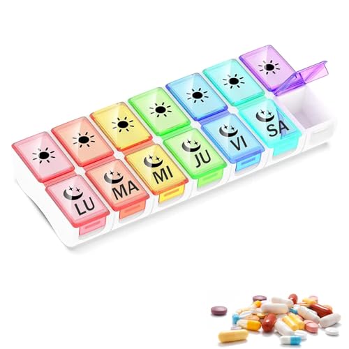 Pastillero Semanal Español 2 Tomas,GeekerChip Pastillero Diario 7 Dias,con 14 Compartimentos,Organizador de Pastillas para Viaje,para Vitaminas, Suplementos y Medicamentos(Multicolor)