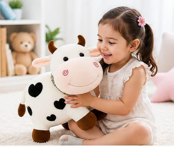 Image of Cute Cow Soft Toy Plush | Stuffed Animal Cow Teddy for Kids | Soft & Huggable Toy for Boys & Girls | Baby Safe Gift Item (White & Brown, 25 cm)