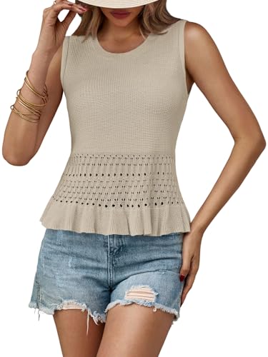Image of Saodimallsu Womens Crochet Tank Top Sweater Vest | Sleeveless,Crew Neck,Pullover Top, Ruffle,Boho,Knit,Beach Vacation Outfits