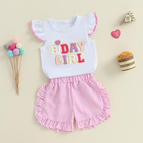 Kayotuas Toddler Baby Girl Birthday Outfit Birthday Girl Shirt Ruffle Gingham Shorts Cute Summer Clothes Cake Smash Outfits4
