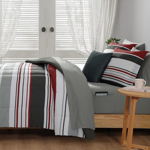 Image of Monbix Queen Comforter Set - 7 Pieces Bed in a Bag Queen, Red and Black-Stripe Bedding Sets, All Seasons Comforter Bed Set with Sheets, Pillowcases & Shams