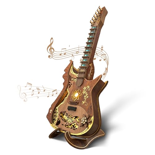 FUNPOLA 3D Holzpuzzle Akkord-Gitarre LED Kit – Spielbares Akustikgitarren Modell mit LED-Licht, DIY mechanisches Musik-Bastelset für Erwachsene und Jugendliche