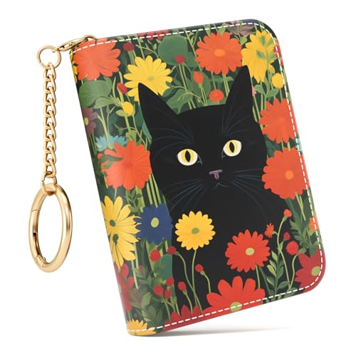Image of Credit Card Holder RFID Wallet for Women, Small Leather Card Organizer Case with Zipper and Keychain, pussycat