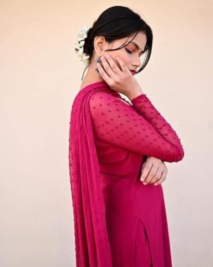 Image of Anveri Textiles Women's Cotton Blend Kurti with Square Neck Long Sleeves Solid Pattern A Line Style Ankle Length and Dupatta Set