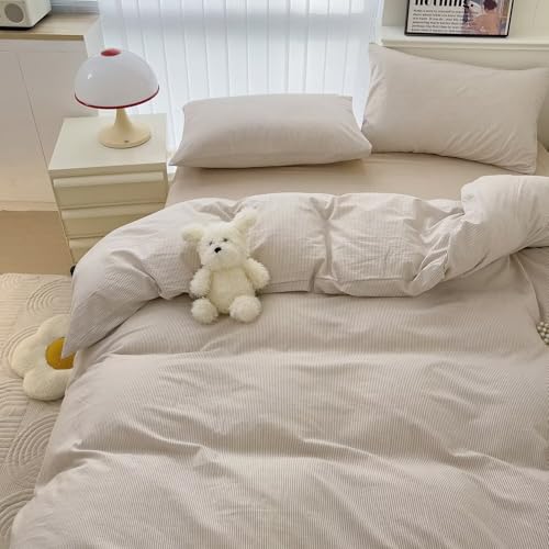 Image of MKXI Ultra-Slim Stripes Washed Cotton Duvet Cover Set, Breathable Textured Coastal Bedding in Oyster White & Sand Dune, Full 3-Piece, Nautical Stripe