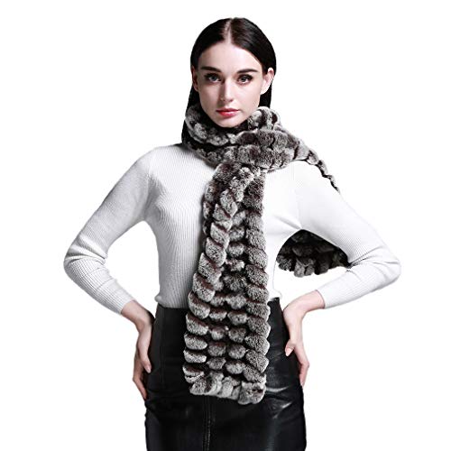 Fur Story Women's Rex Rabbit Fur Winter Scarf Knitted Chunky Fashion Ladies Scarves Silver Black Brown
