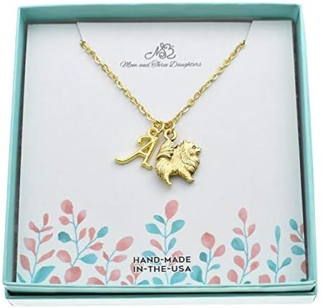 24k Gold Plated Pewter Pomeranian Necklace on a Stainless Steel Chain Personalized with Initial. Pomeranian Jewelry. Gift for Dog Lover.