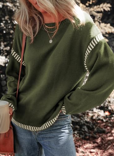 Image of Dokotoo Sweaters for Women Fashion Solid Crewneck Loose Fit Long Sleeve Contrast Cable Knit Pullover Sweater Jumper Tops