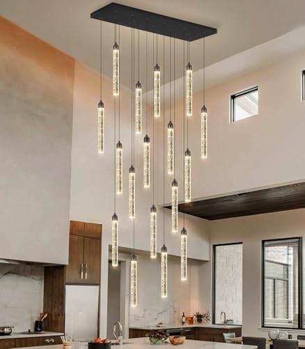 Image of Rectangular Chandeliers 17-Lights Long Light for Entryway LED Dimmable Chandeliers Lighting Fixture Flat Sloped High Ceiling Pendant Lights Crystal for Living Room Foyer Hallway Staircase Black