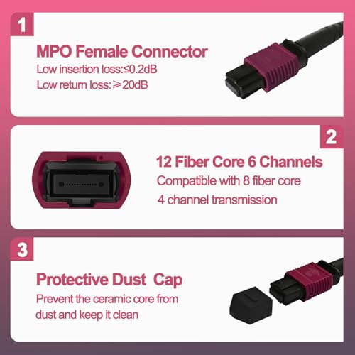 Image of GwliUni 2Pcs 0.3m MPO Fiber Optic Patch Cord, OM4 Multi-Mode Cable Jumper Plug, Female to Female, 12 Core 6 Channel Type B, PC end face, LSZH 3.0mm, Compatible with 8 Core 4 Channel MPO