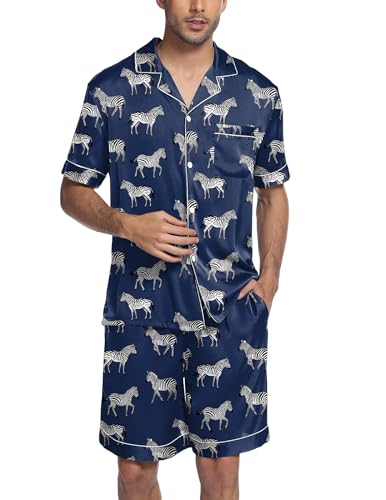 Image of Ekouaer Mens Satin Pajamas Set Button-Down Short Sleeve Shirt Top Soft Silk Sleepwear Shorts with Pockets