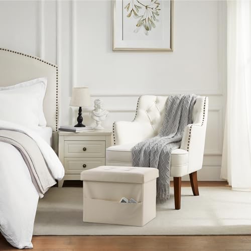 Image of Bsketa Storage Ottoman Bench,16 Inch Folding Leather Foot Rest Stool, Beige | Small Ottoman with Side Pockets, Thicker Foam Padded Seat, Livingroom, Dorm, Bedroom, Easy to install, 38L, 16x12x12in