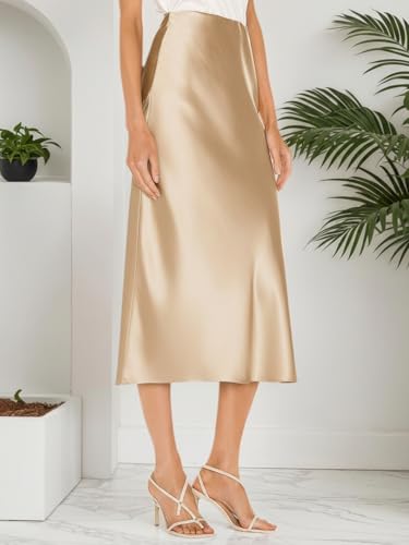 Image of Amy Babe Womens Satin Silk High Waist Slit Midi Skirt Long Skirts for Women | Elastic Waistband, Side Split, Midi Length, Below the Knee, Silky Fabric, Elegant, Fall Winter Outfits
