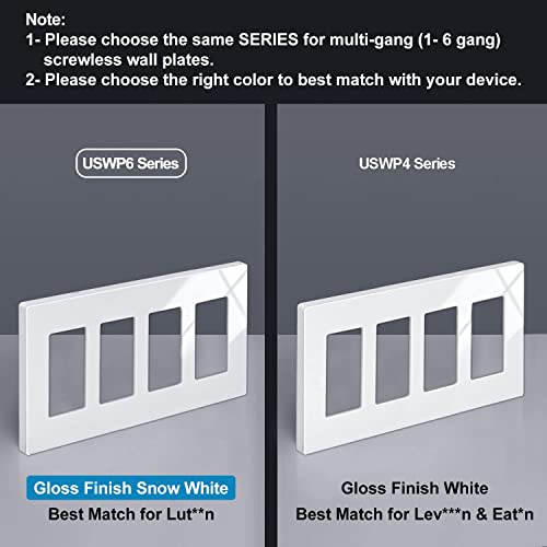 [2 Pack] Bestten 4-Gang Screwless Wall Plate, Uswp6 Snow White Series, Decorator Outlet Cover, H4.69” X L8.35”, For Light Switch, Dimmer, Gfci, Usb Receptacle #TOP4