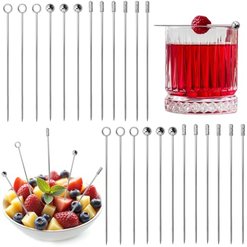 VGECEE 24 PCS Palillos de Cóctel Púas para Cócteles Reutilizables Palitos de Cóctel de Acero Inoxidable Brochetas de Cóctel de Acero Inoxidable Palillos de Frutas Reutilizable para Aperitivos