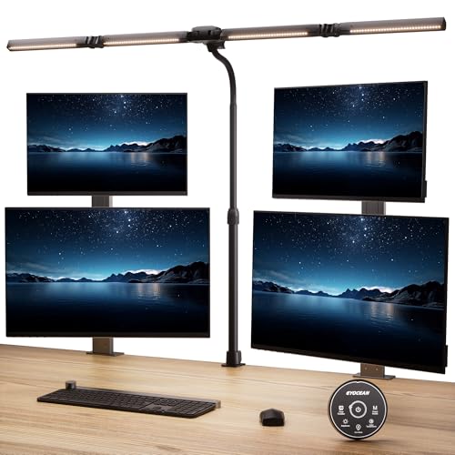 EYOCEAN Schreibtischlampe, 4 Lichtquellen, Teleskopstange mit Einstellbarer Höhe, 24W 100cm Tageslichtlampe Schreibtisch mit Fernbedienung, Dimmbare Monitor Lampe, Schwanenhals Büro Tischlampe