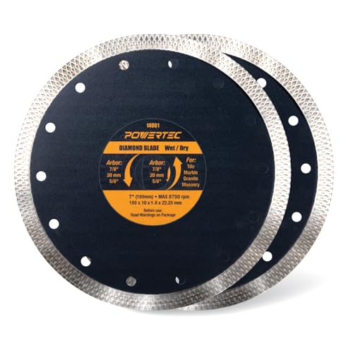 Image of POWERTEC Diamond Saw Blades 7 Inch 2 Pack, Tile Saw Blade Wet, Concrete Blade for Circular Saws, Super Thin Turbo Mesh Rim Blades Cutting Porcelain, Granite & Ceramic Tile, Masonry, Brick - 14001-P2