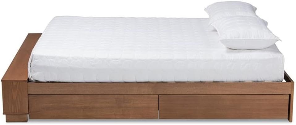 BOWERY HILL Farmhouse Wood Full Size Platform Bed, Ash Walnut Brown Finish, 13.9" H x 58.27" W x 84.8" D, Built-in Bench with Shelves, 4 Storage Drawers, Slats for Mattress Support, Modern Bedroom