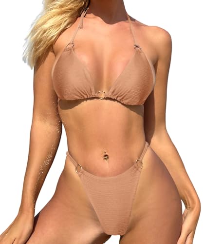 Image of MIKETAI Sexy Bikinis for Women 2 Piece Bikini Spaghetti Strap Swimsuits Solid Color Bathing Swimwear Triangle Bathing Suit