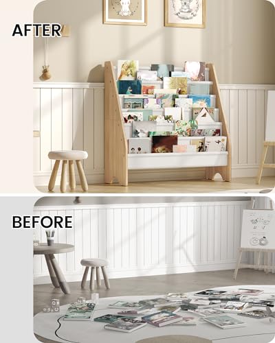 Image of CHOEZON 6-Tier Kids Bookshelf, Book Shelf for Kids Room, Sling Bookcase, Magazine and Book Storage Rack, Large Capacity Book Organizer for Nursery, Bedroom, Playroom, White and Natural MCW07WB