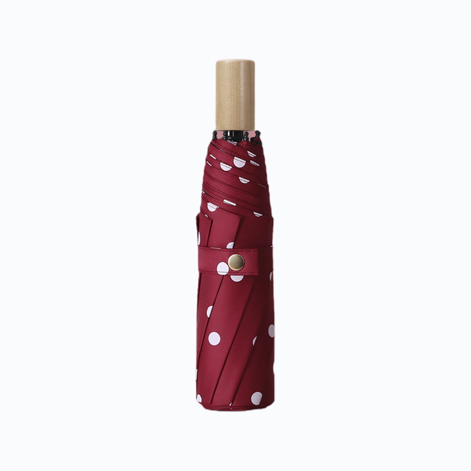 LXZSMH Folding Umbrellas, Windproof Travel Umbrella, Polka Dot Solid Wood Handle Compact Folding Umbrella, 8 Ribs UPF 50+ UV Protection, Men Women(Red)