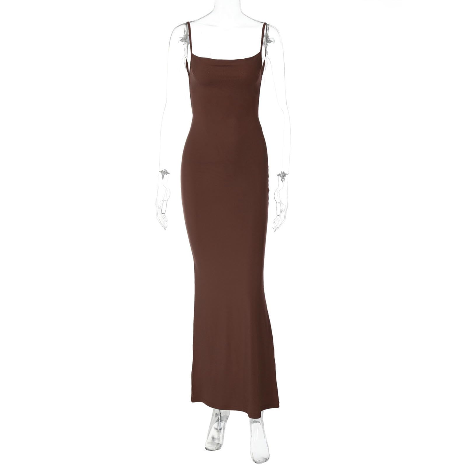 Vestito Donna Abito Estivo da Sexy Senza Maniche, vestibilità Slim, con Spalline sulla Schiena, in Tinta Unita-Marrone-s