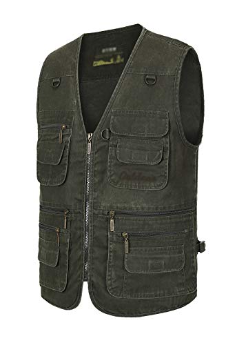 Ikiio Mens Denim Vest Jacket Casual Work Travel Safari Vest 16 Pockets (Army Green, Large) #TOP1