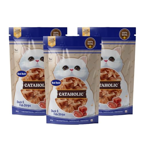Image of Cataholic Duck & Fish Jerky Strips Cat Treats, High Protein Natural Cat Snacks, Soft Chewy Training Treats for All Cat Breeds, Each 50 g