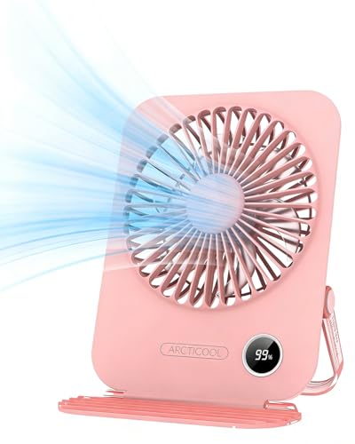 Image of ARCTICOOL Small Table Fan with LED Display, 2000mAh Battery Rechargeable Fan with 5 Speeds, 5.8 Inch Mini Desktop Fan with 180 Tilt Folding and Phone Stand for Home and Office (Light Pink)